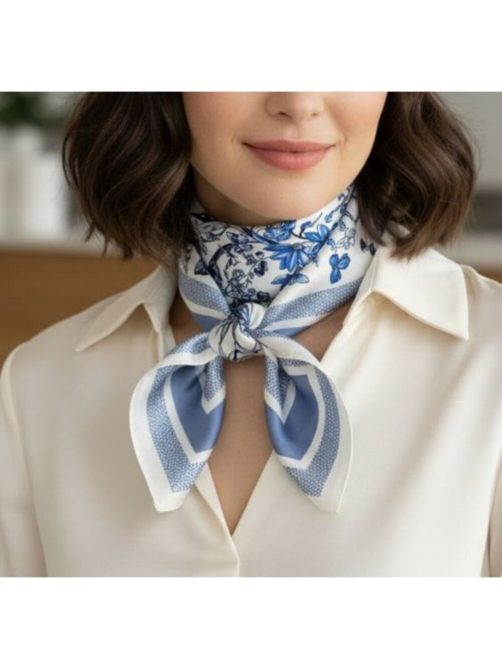 ⭐Soft Luxurious Elegant Women Square Silky Scarf Butterflies Flowers Blue White
